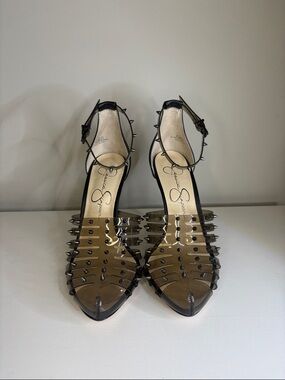 Jessica Simpson Black Studded Pointed-Toe Ankle-Strap Heels